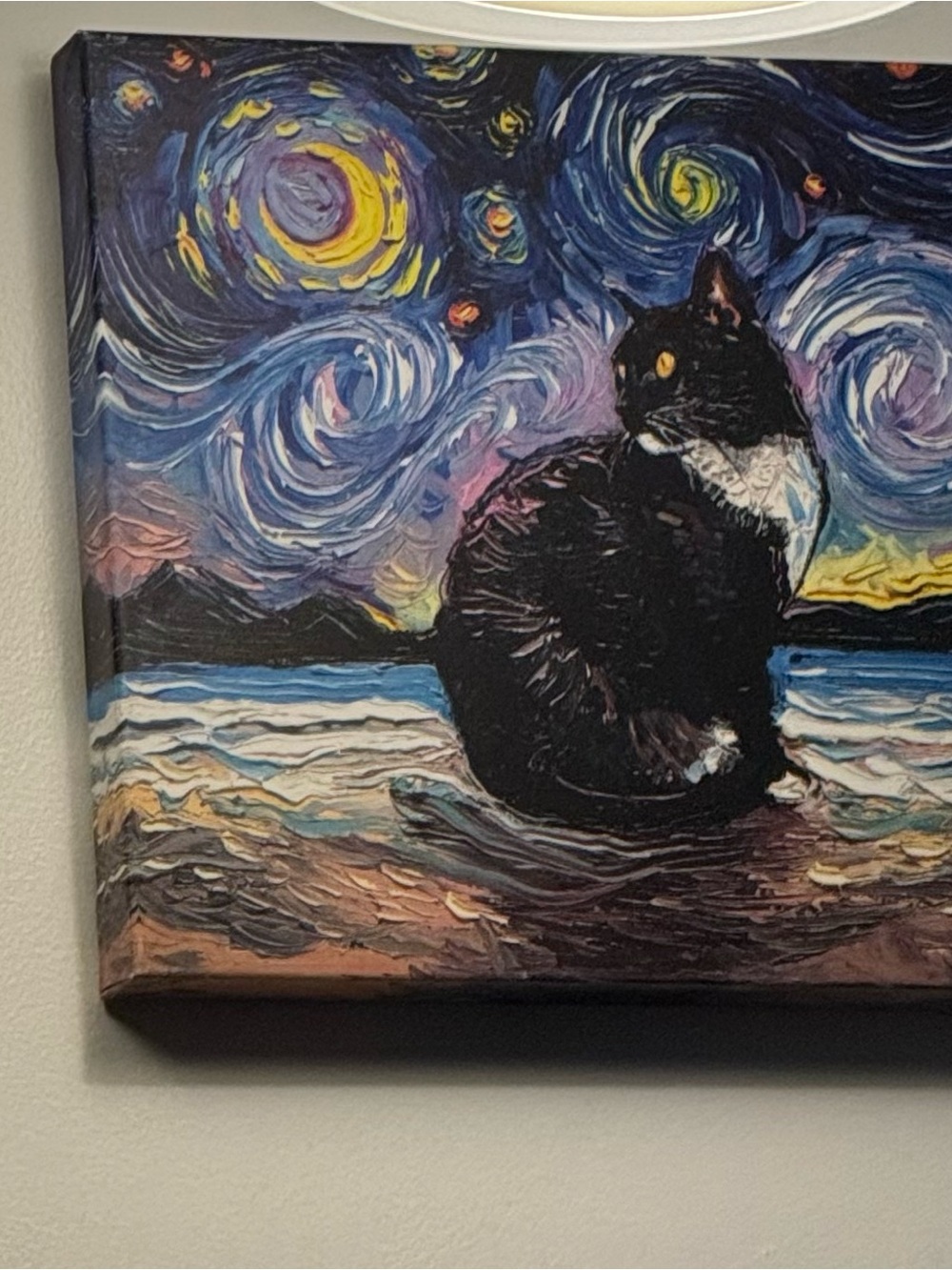 Tuxedo Cat Starry Night Canvas Wall Art - Black